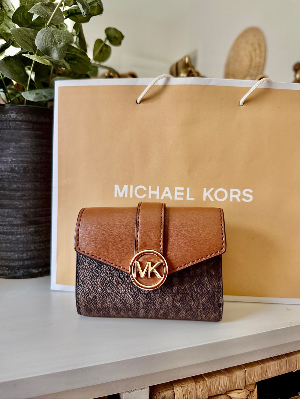 Michael Kors Brown and Tan MK Logo Compact Wallet